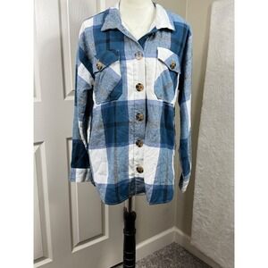 Passport Women's‎ Flannel Shirt Jacket Faux Fur Lined Blue White Plaid Size L